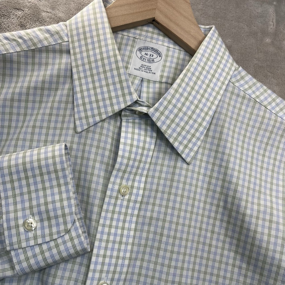 Brooks Brothers Shirt‎ Mens 16-33 Blue Green Plaid Long Sleeve Slim Fit